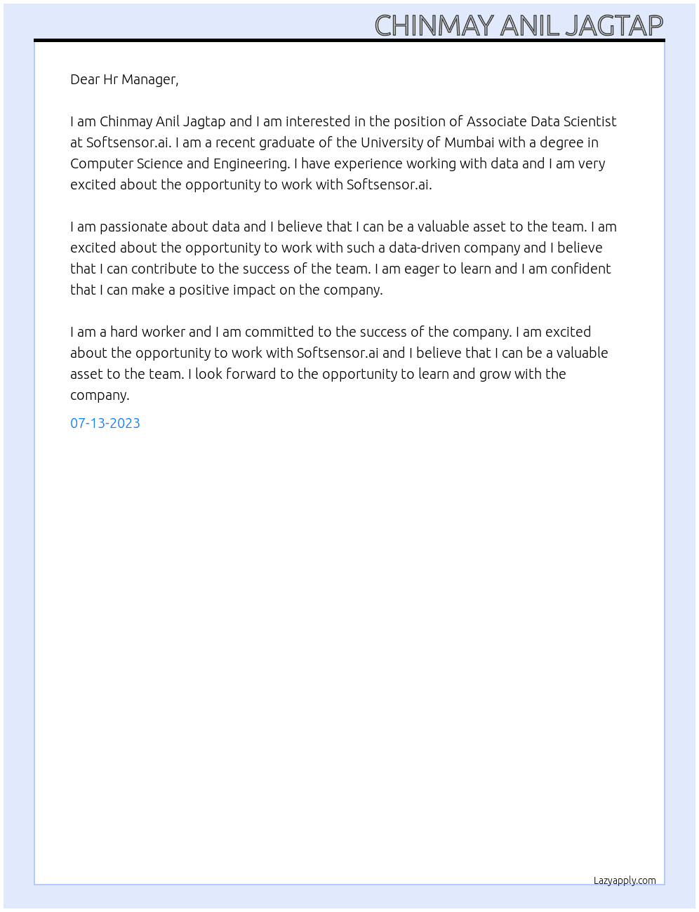 Associate Data Scientist At Softsensor.ai Cover Letter
