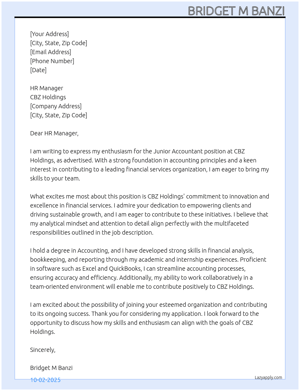 Junior Accountant At CBZ Holdings Cover Letter