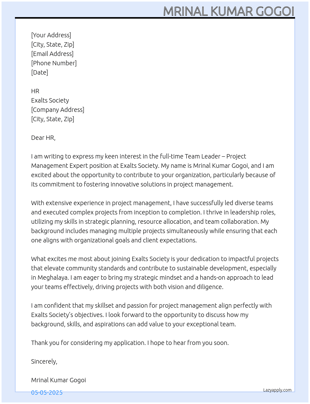 Cover letter for team leader – project management expert - LazyApply