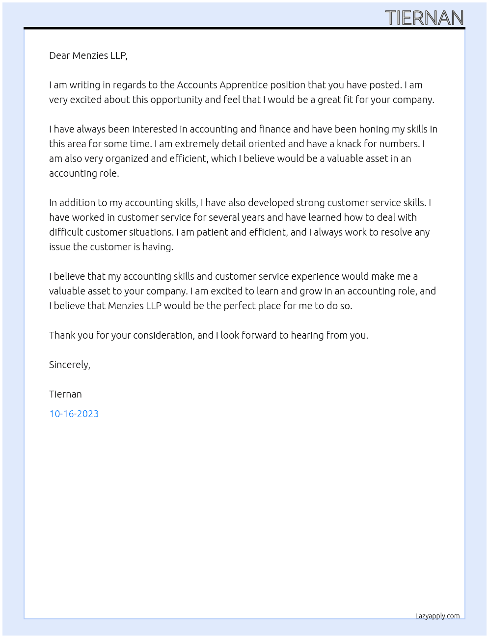 accounts apprentice At Keating Cover Letter