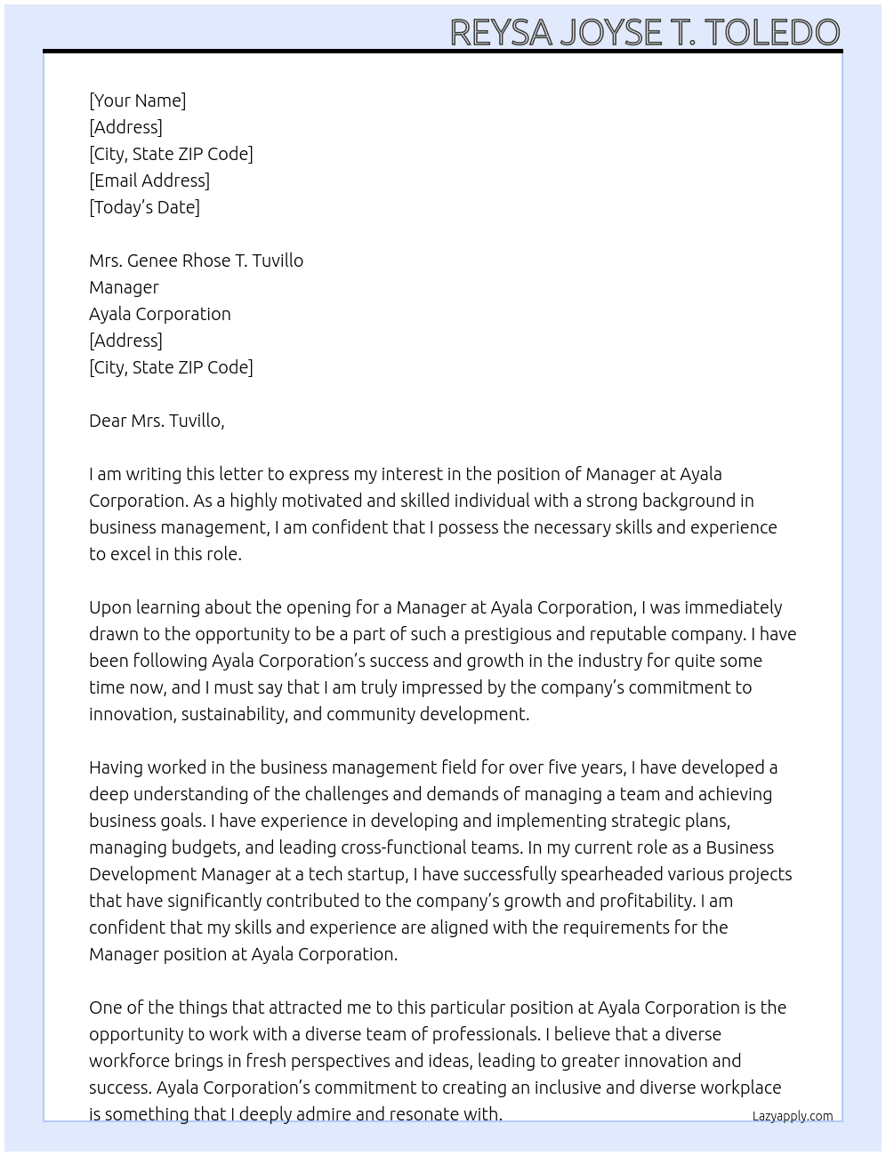 manager  At ayala corporation Cover Letter