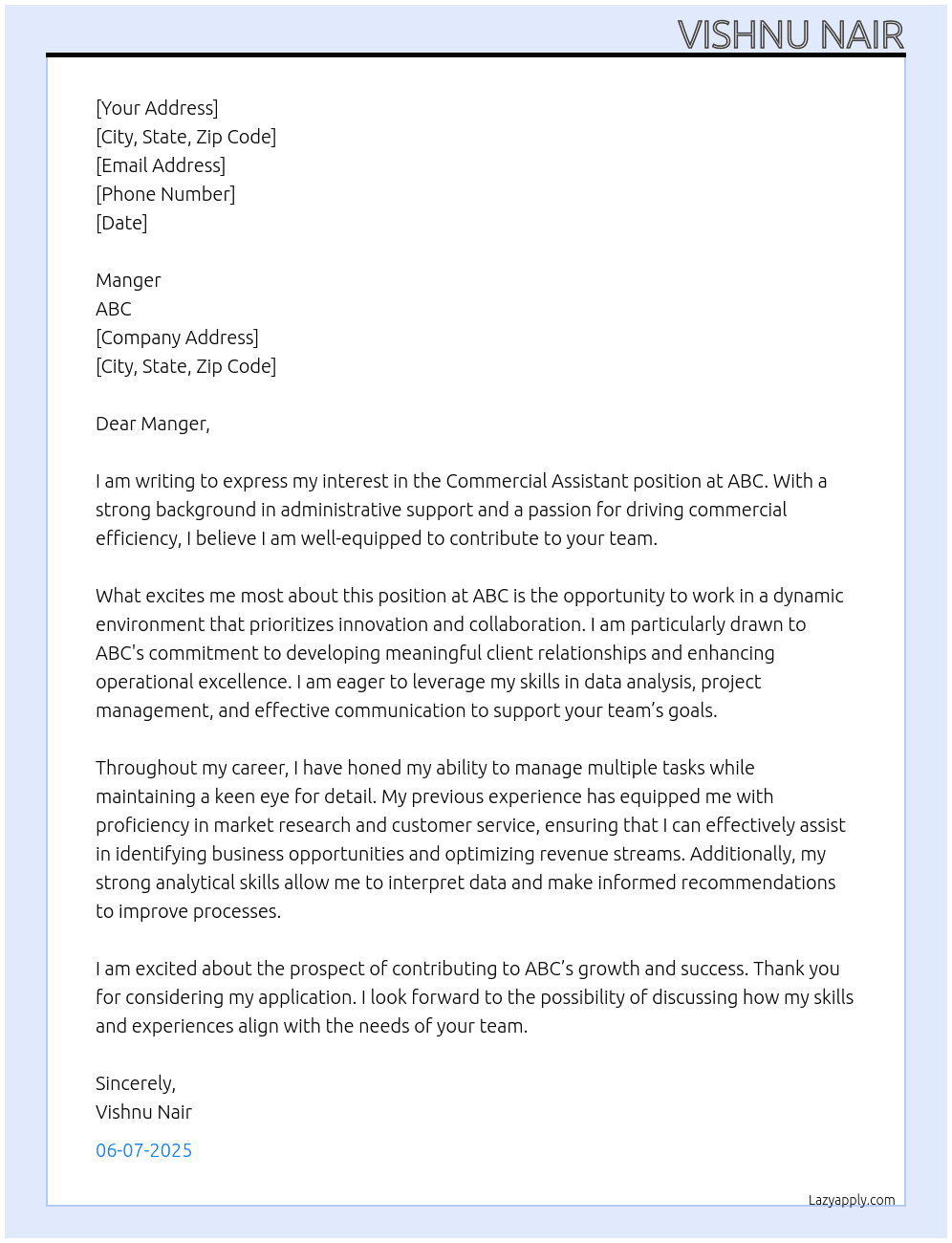 Commercial Assistant At ABC Cover Letter
