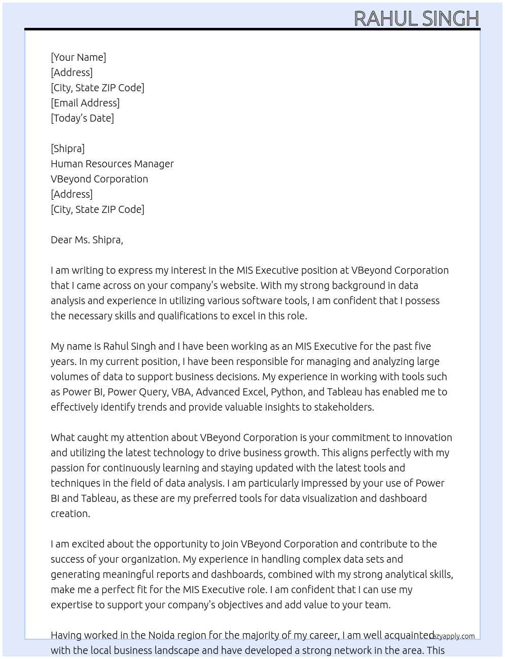 MIS EXECUTIVE At VBeyond Corporation Cover Letter