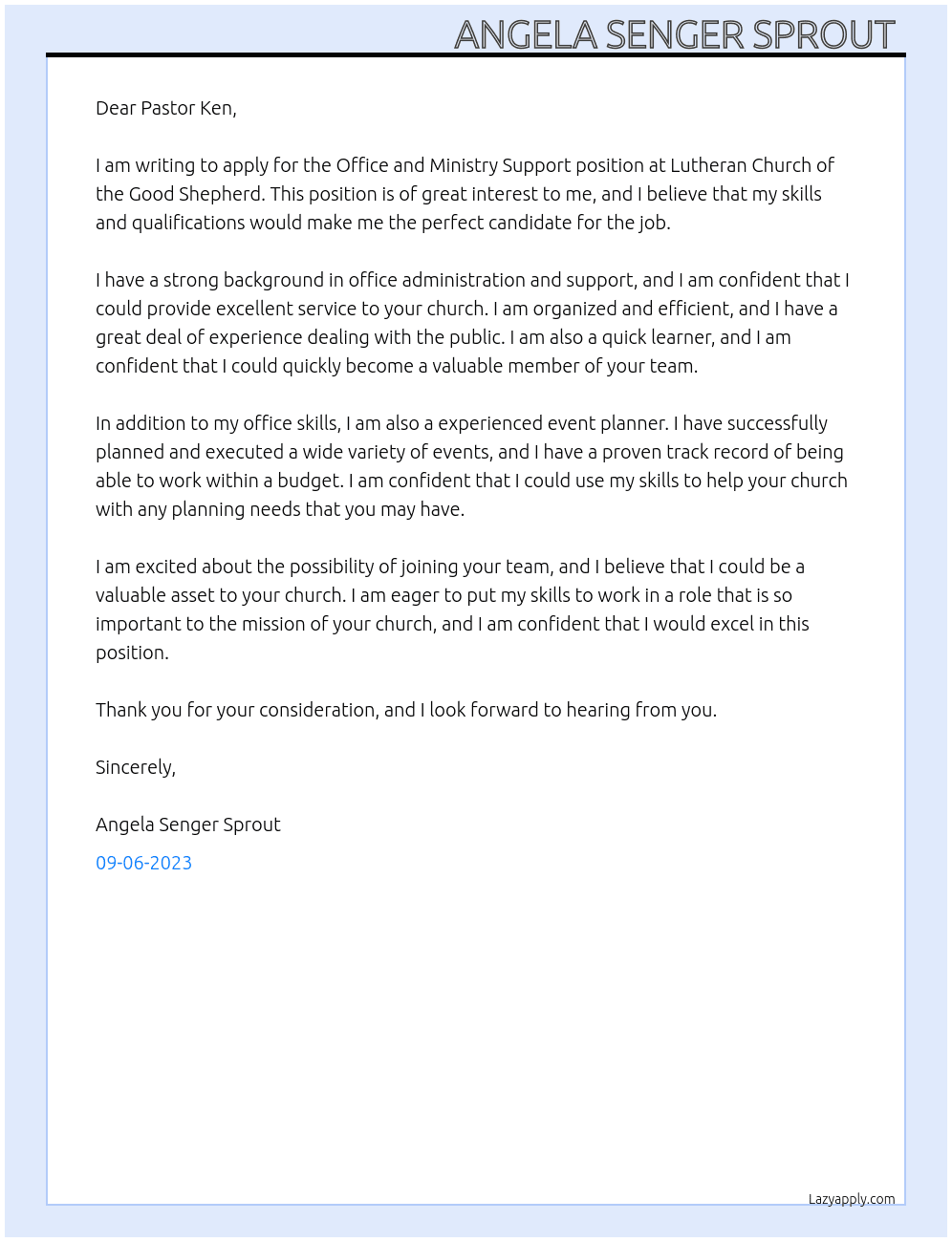 Office and Ministry Support  At Lutheran Church of the Good Shepherd  Cover Letter