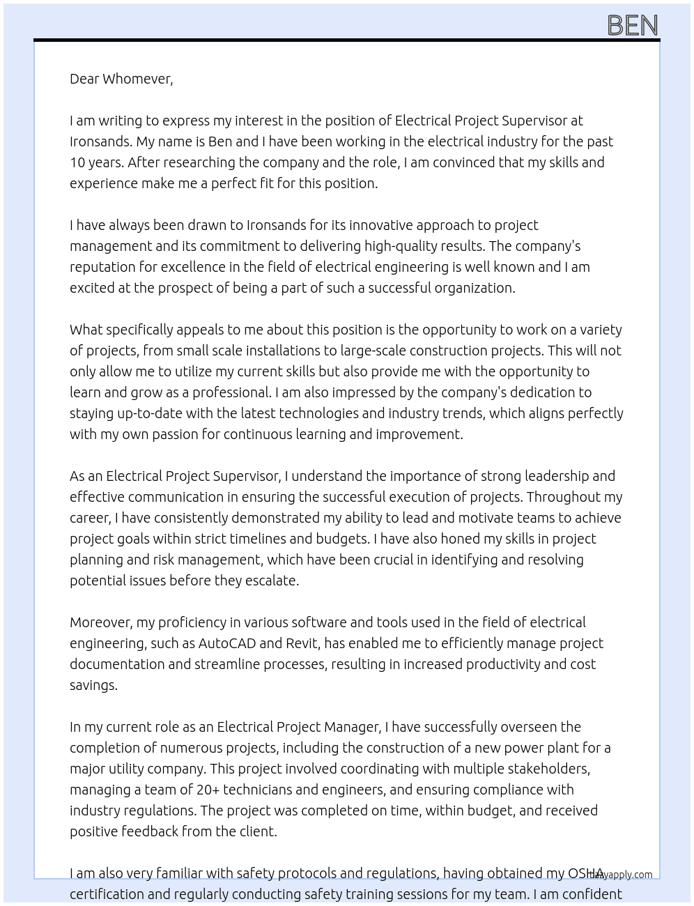 electrical project supervisor  At ironsands Cover Letter