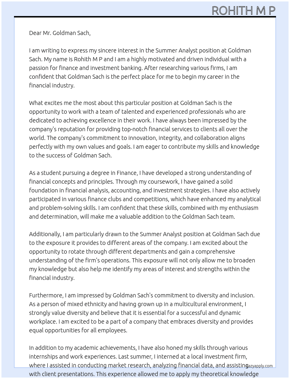 Summer Analyst At Goldman Sach Cover Letter
