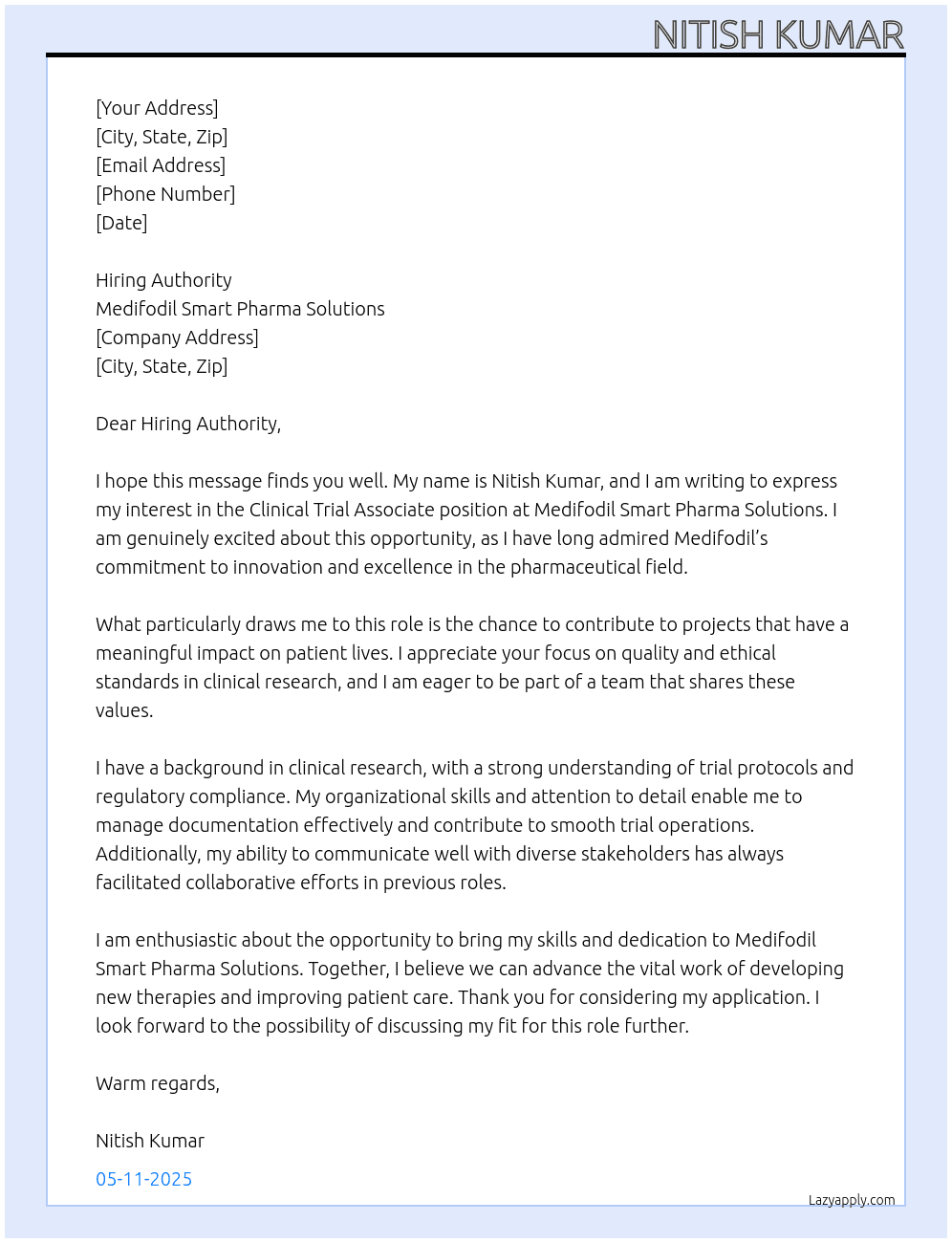 Clinical trial associate  At Medifodil smart pharma solutions  Cover Letter