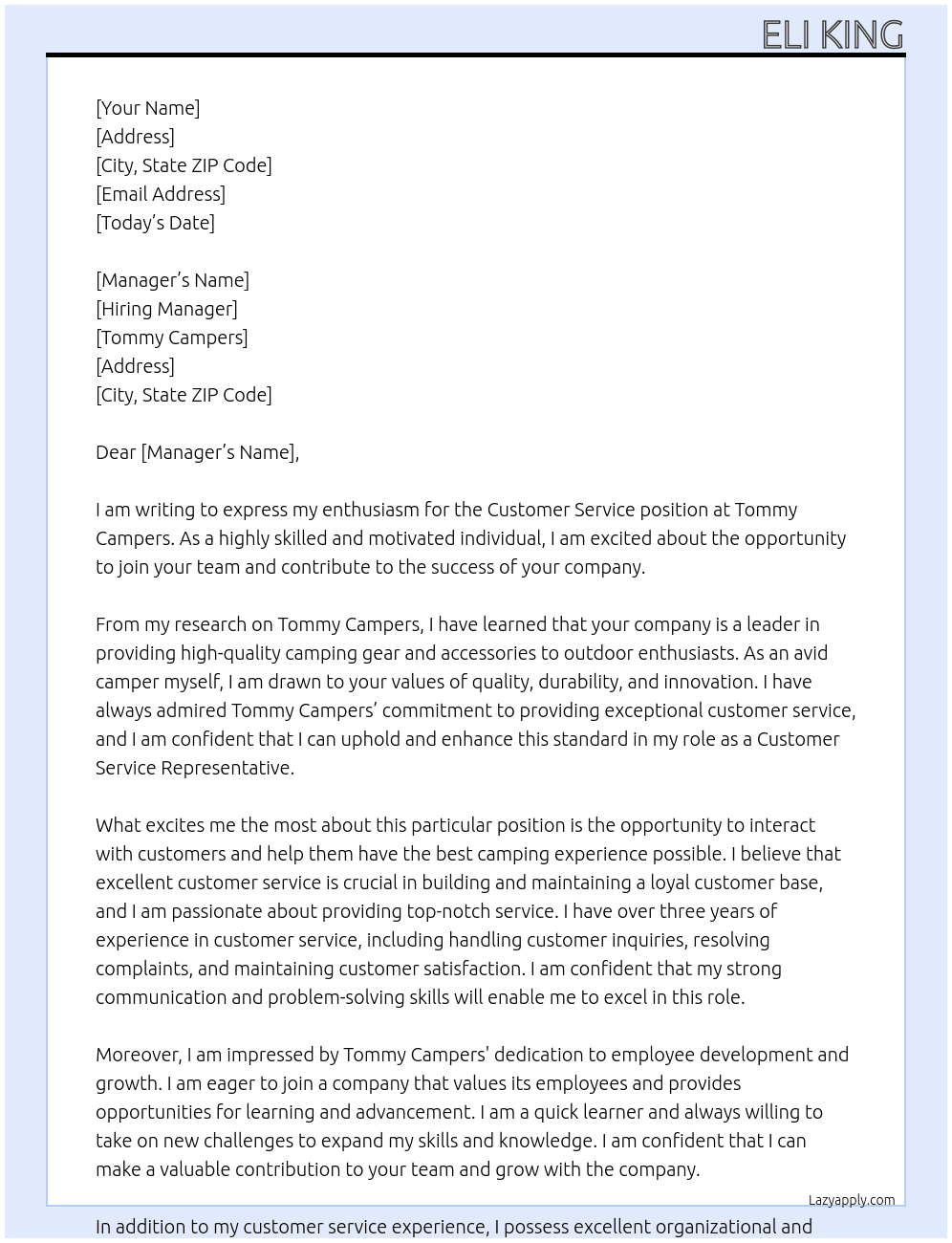 Customer service  At Tommy campers Cover Letter