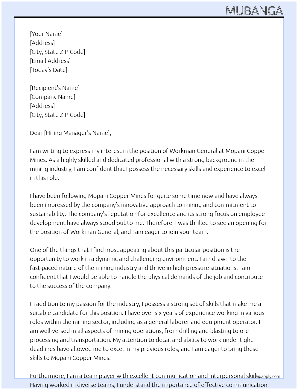 workman general At Mopani copper mines Cover Letter