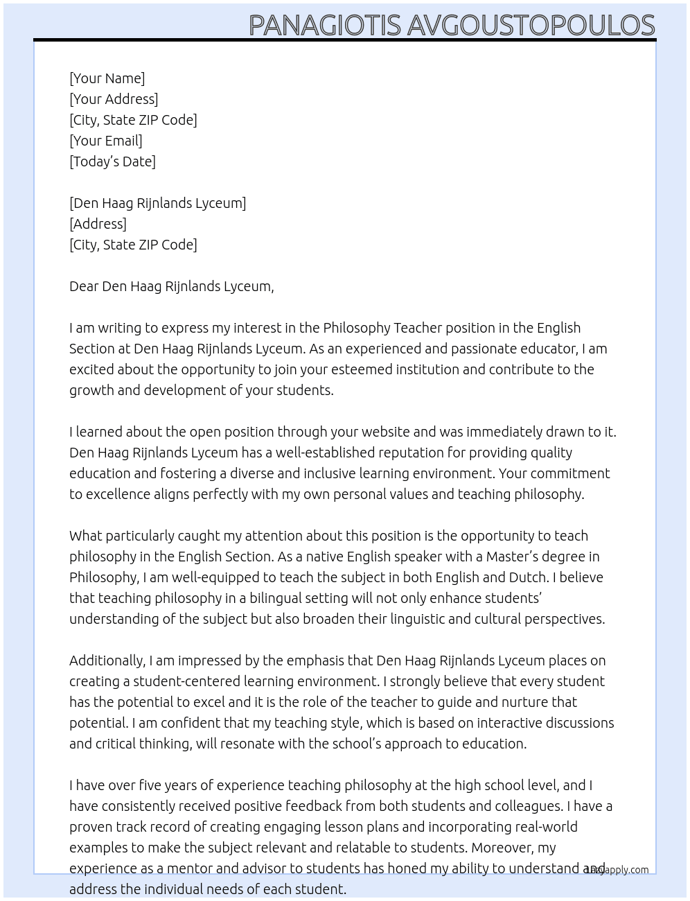 Philosophy Teacher in the English Section At Den Haag Rijnlands Lyceum Cover Letter