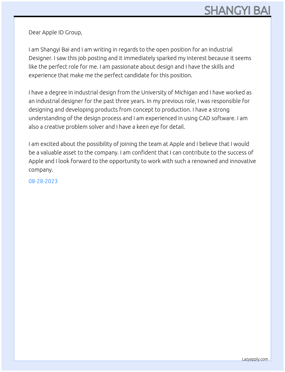 Industrial Designer At Apple Cover Letter