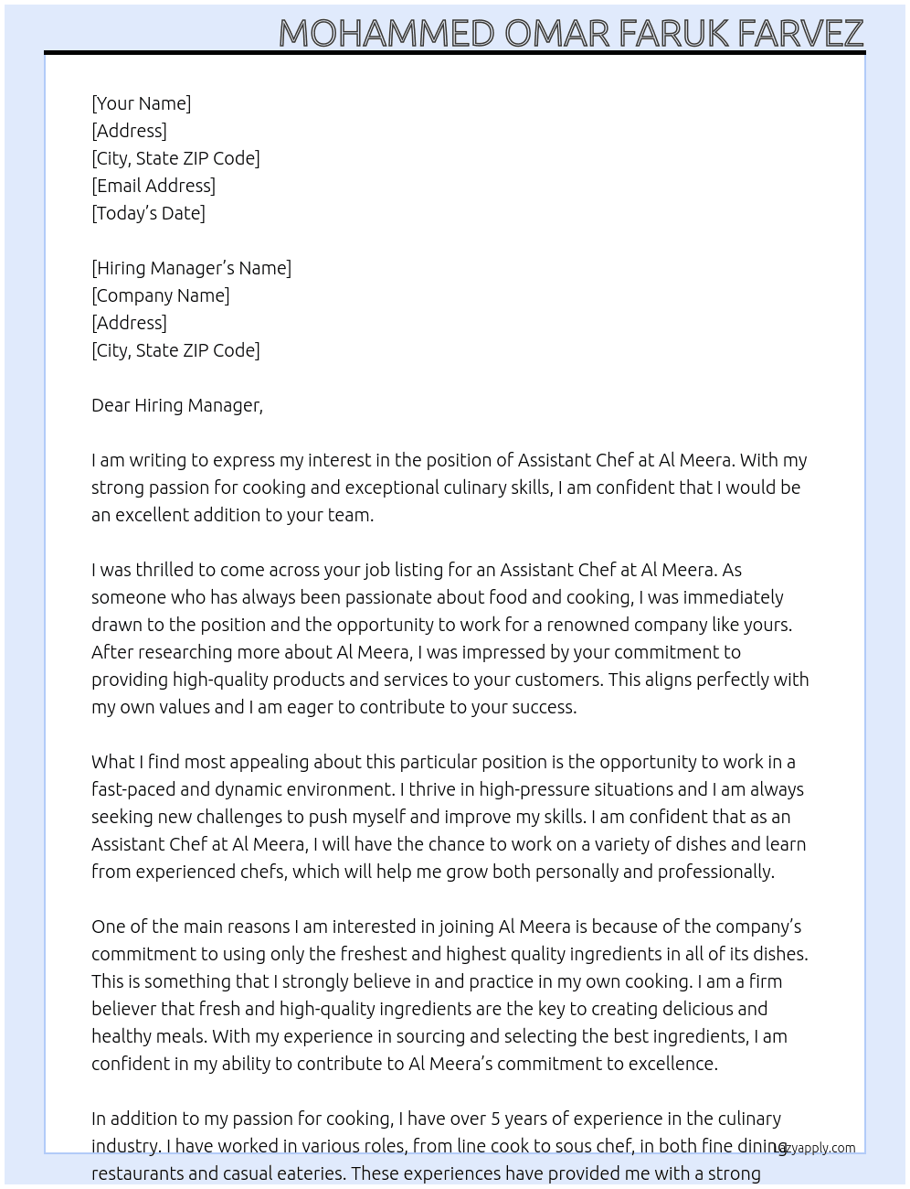 Assistant chef  At Al meera  Cover Letter