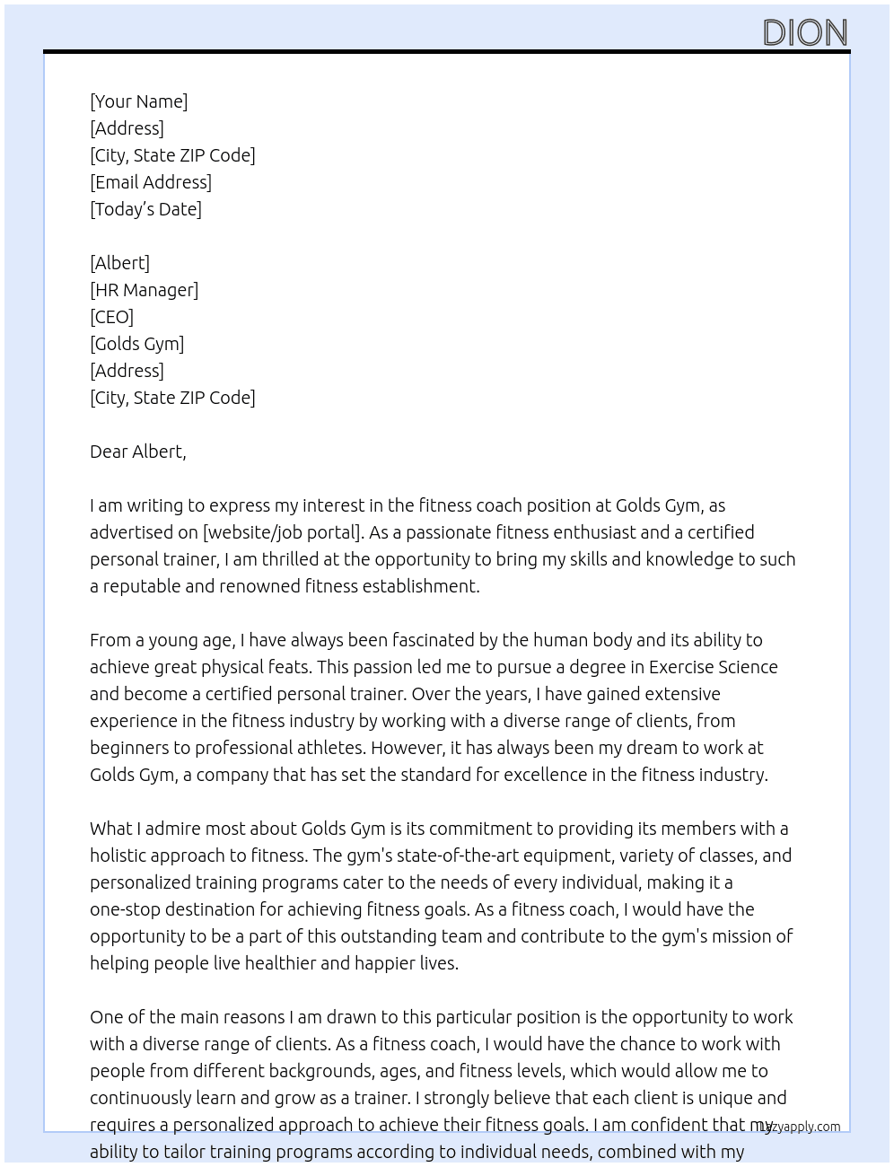 fitness coach  At golds gym  Cover Letter