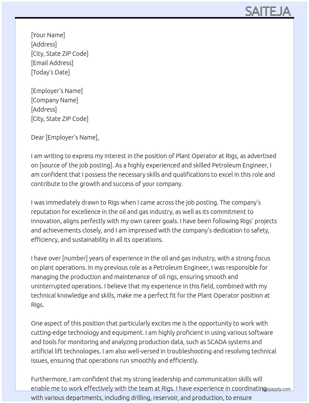 Plant operator  At Rigs Cover Letter