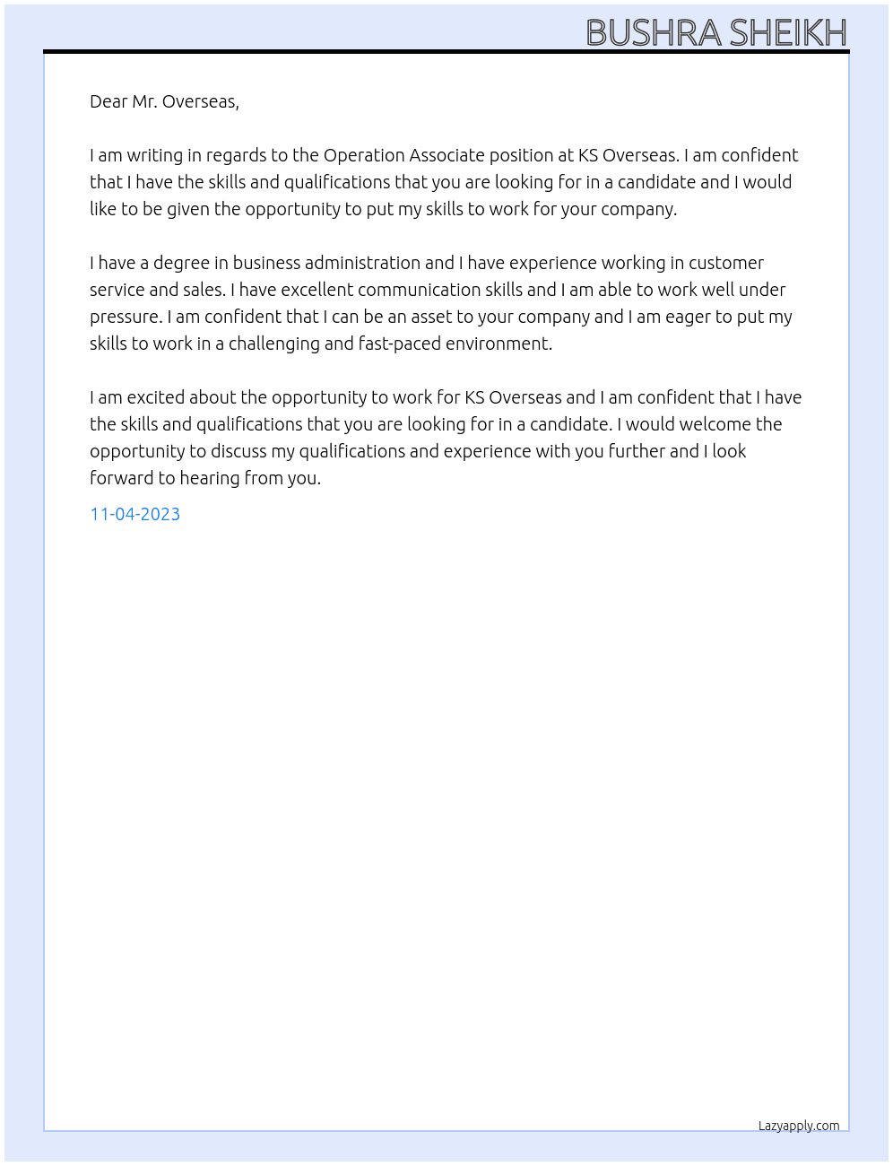 Operation Associate At KS Overseas Cover Letter
