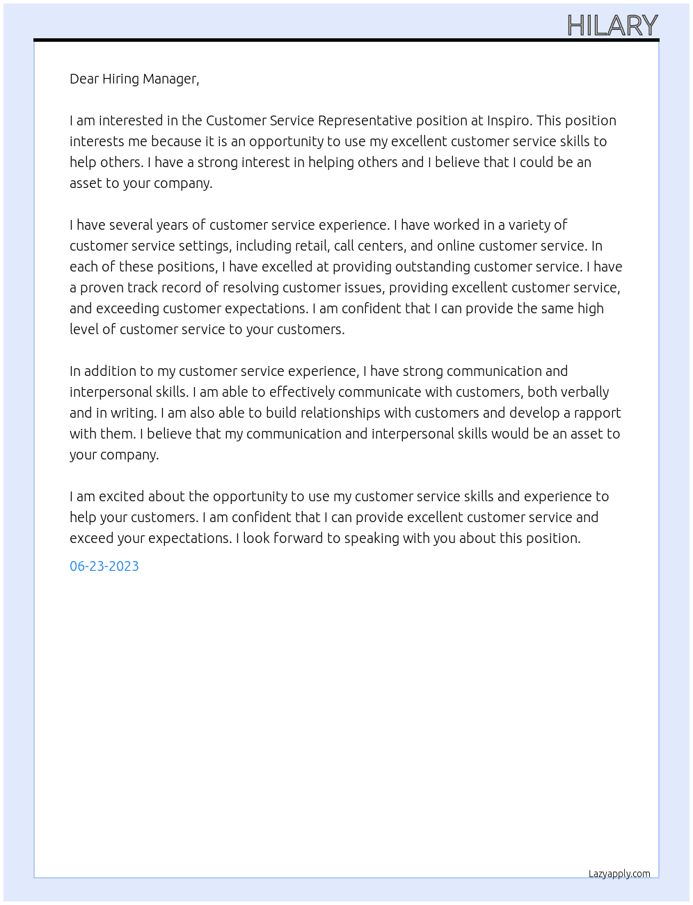 Customer Service Representative At Inspiro Cover Letter