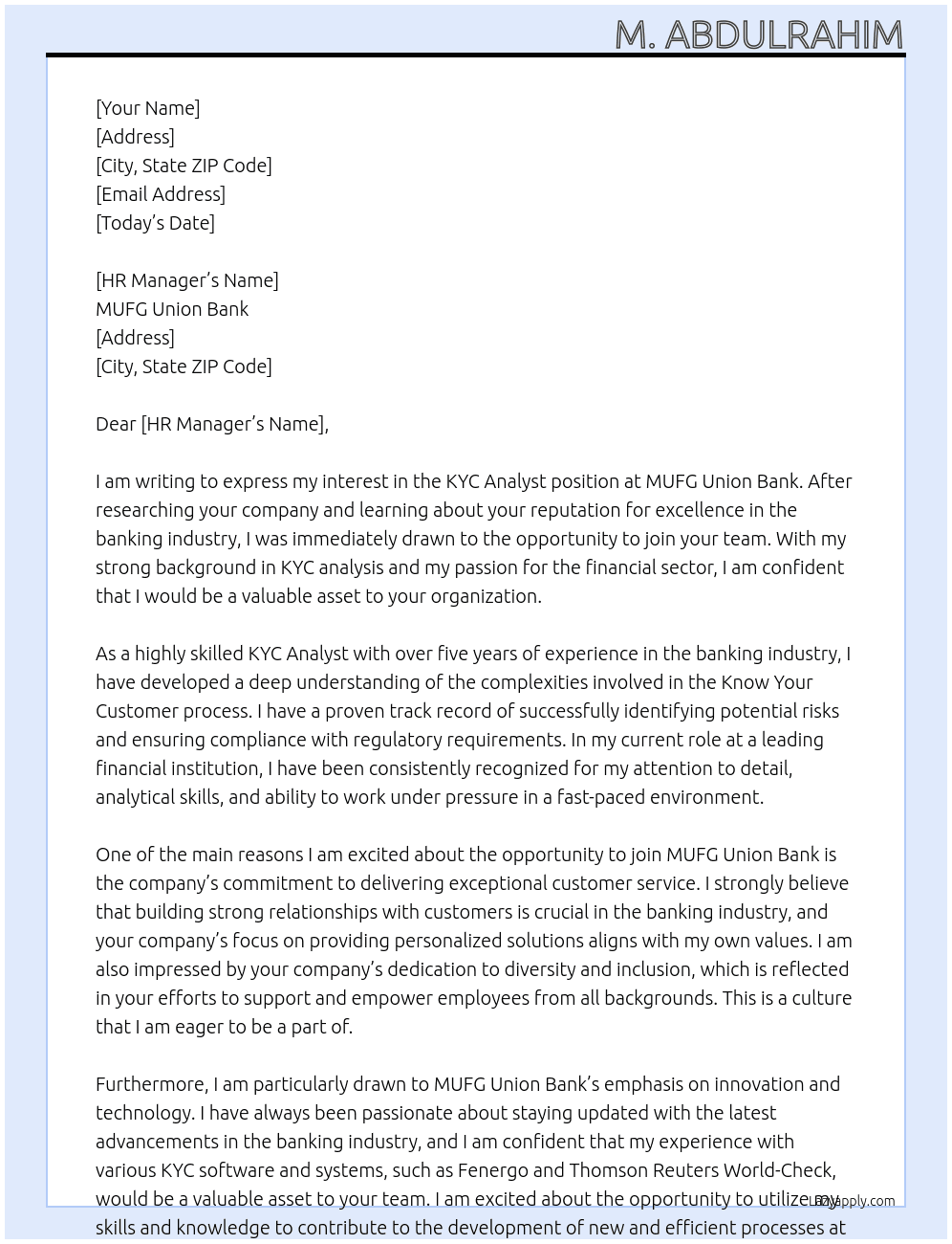 Cover letter for kyc analyst - LazyApply