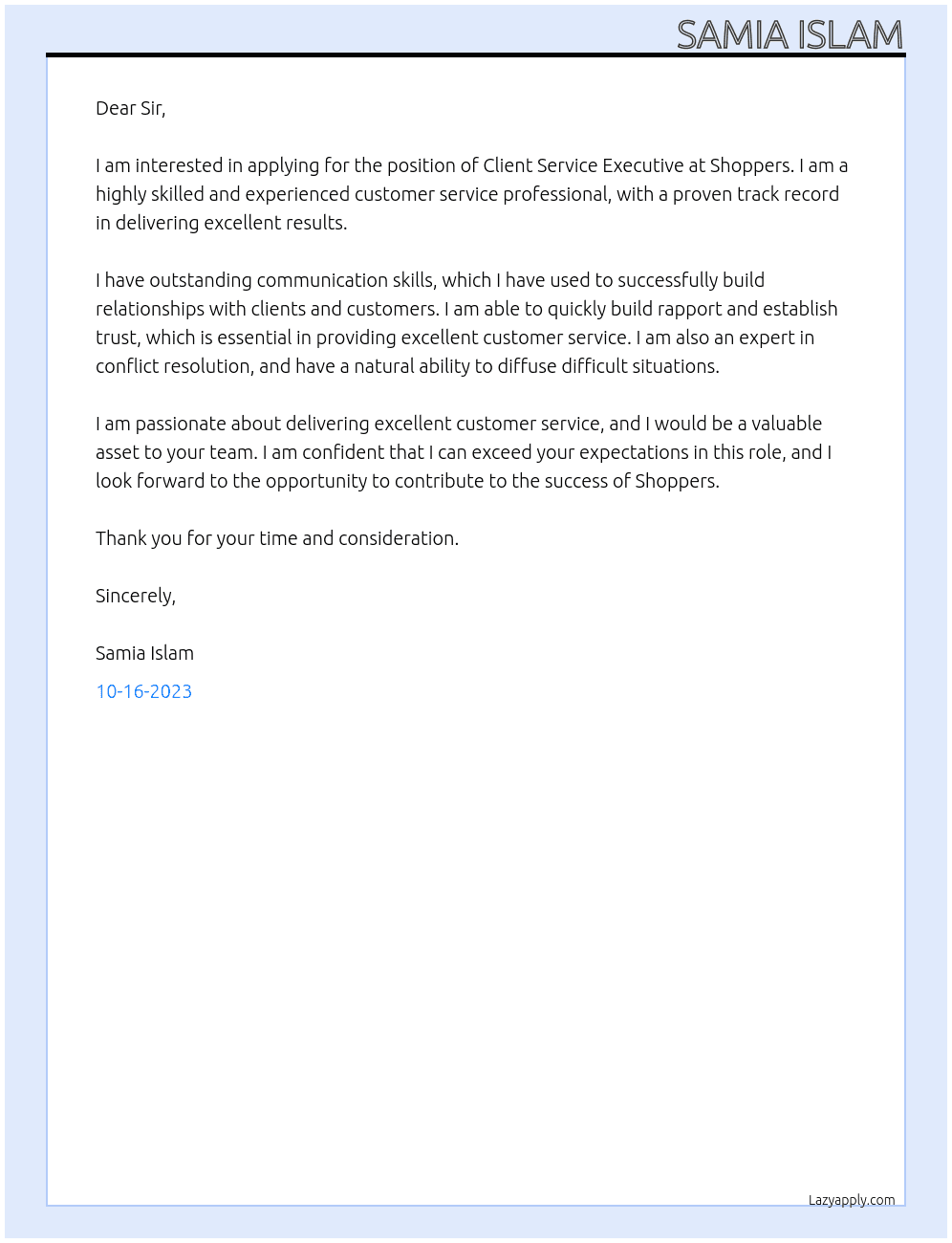 Client Service Executive At Shoppers Cover Letter