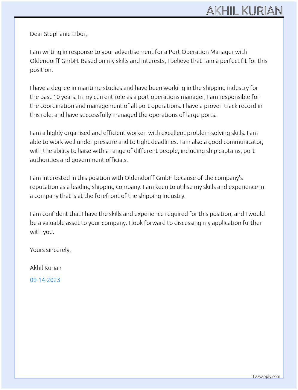 Port Operation Manager At Oldendorff GmbH Cover Letter