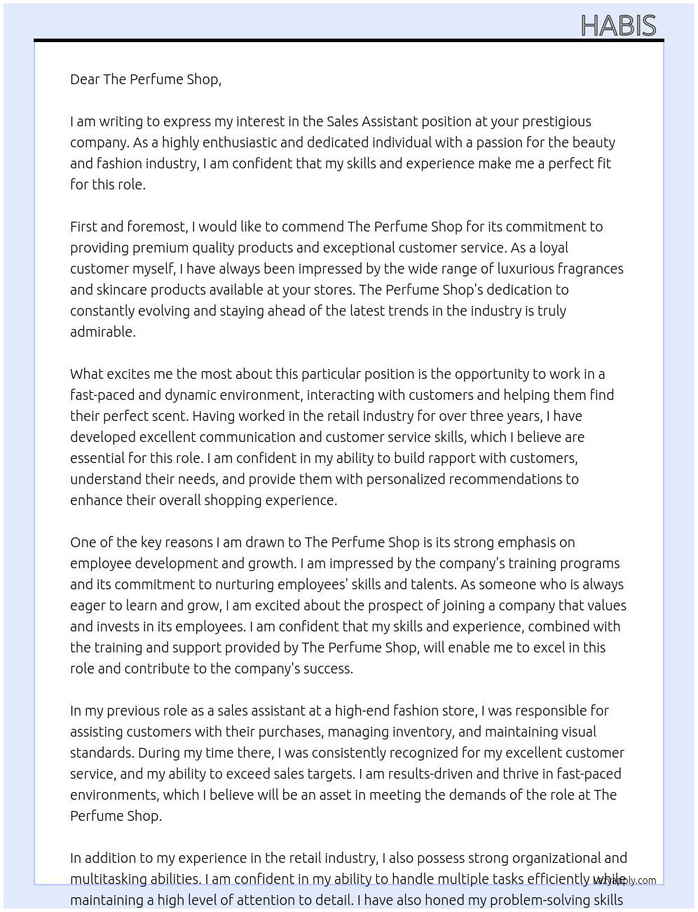 Sales assistant At The Perfume Shop Cover Letter