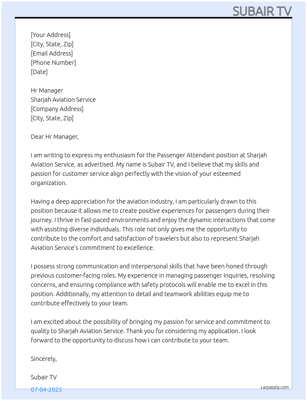 Passenger attendant  At Sharjah aviation service  Cover Letter