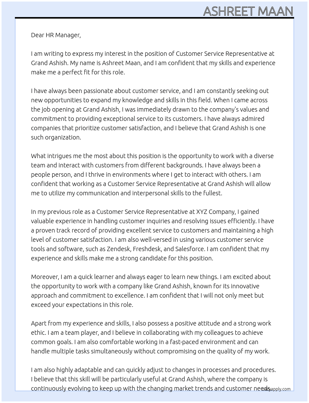 Customer service representative  At Grand Ashish  Cover Letter