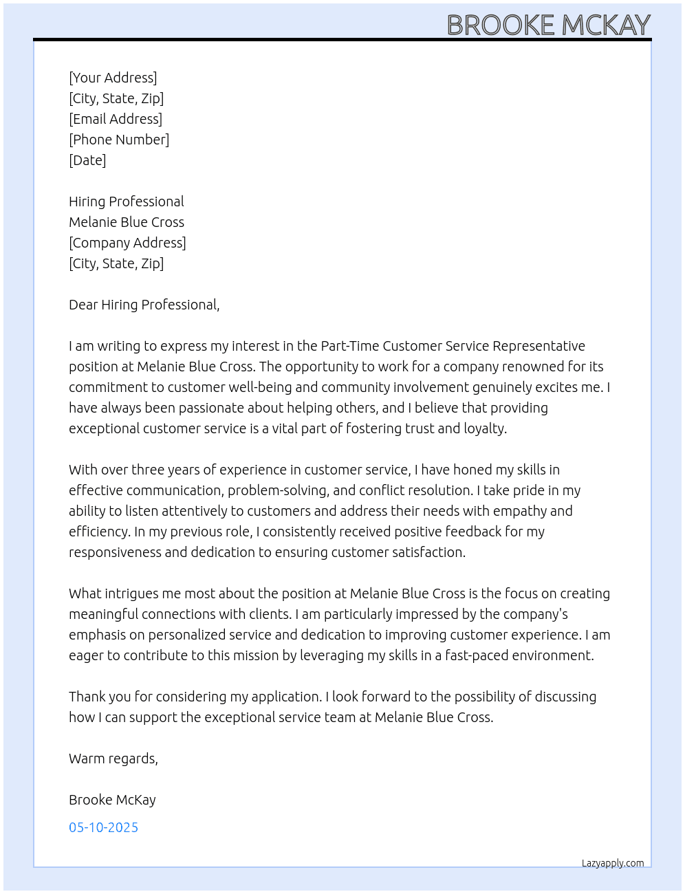 Part-Time Customer Service Representative  At Melanie Blue Cross Cover Letter