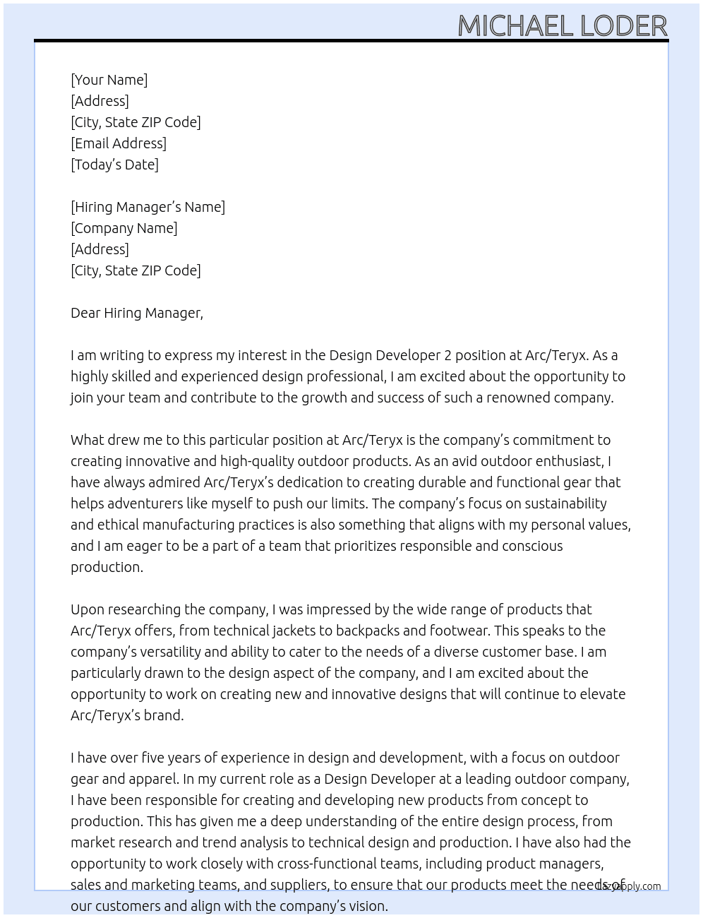 Design Developer 2 At Arc/Teryx Cover Letter