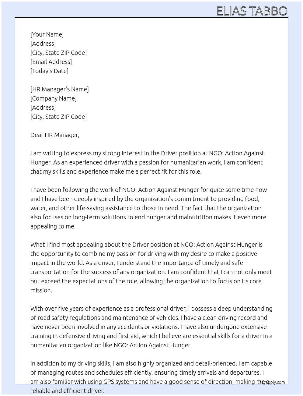 driver At NGO: Action Against Hunger Cover Letter