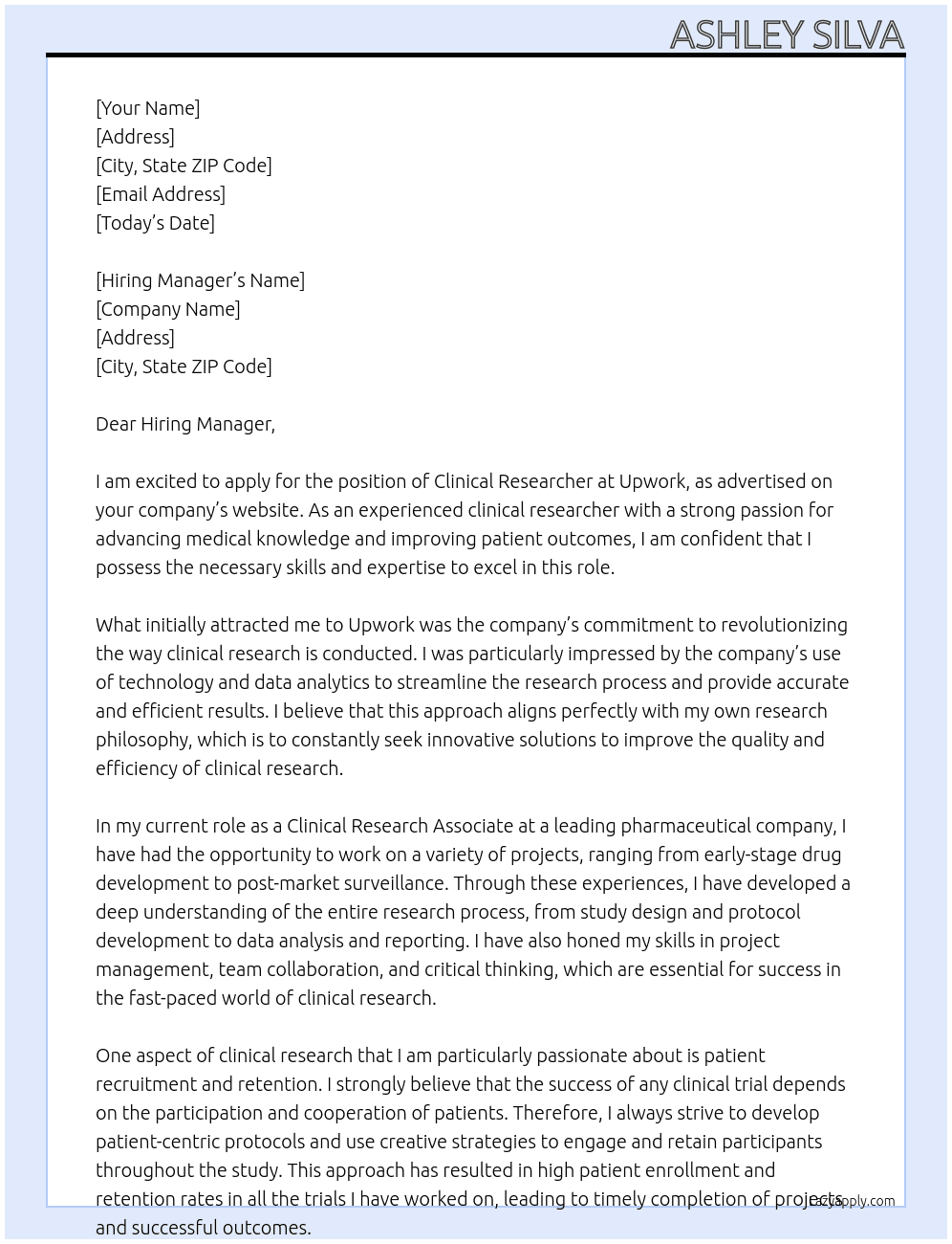 Clinical researcher At Upwork Cover Letter