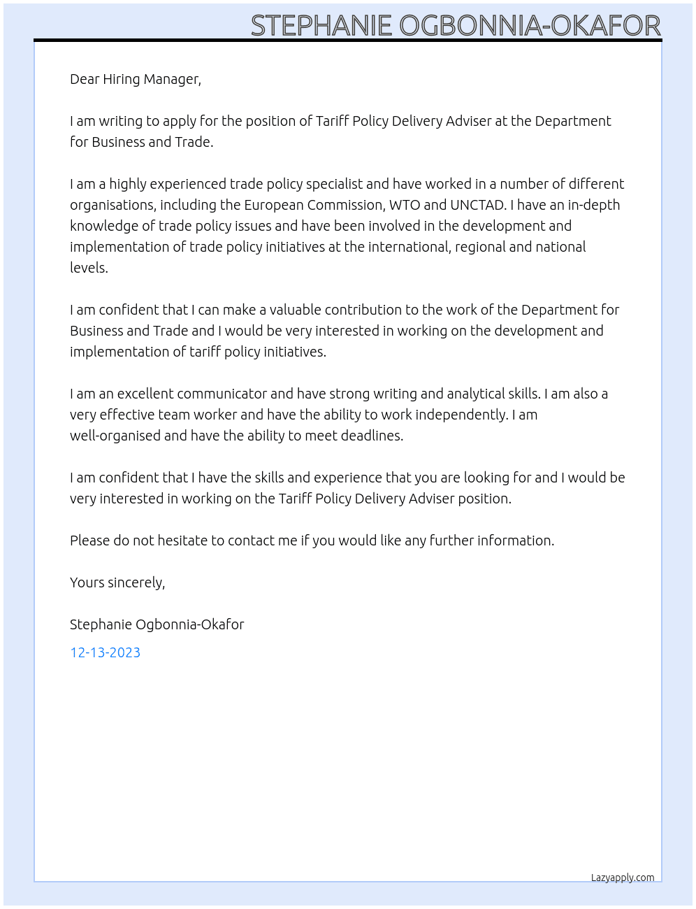 Tariff Policy Delivery Adviser At Department for Business and Trade Cover Letter