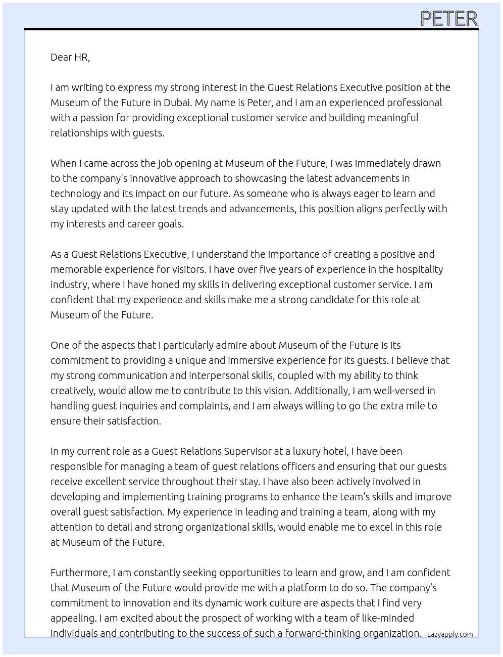 Guest Relations Executive At Museum of the Future  Cover Letter
