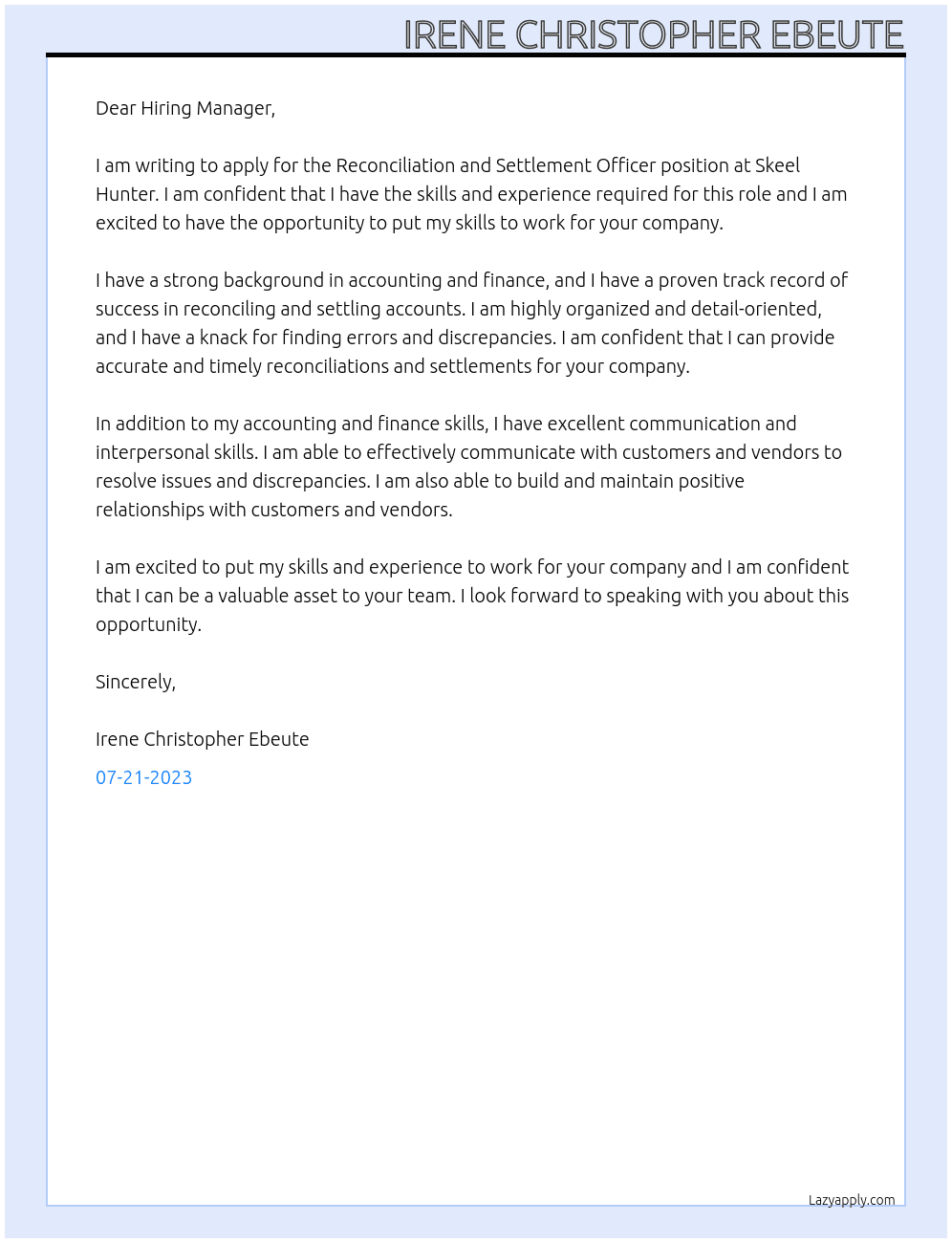 Reconciliation and Settlement Officer  At Skeel hunter Cover Letter