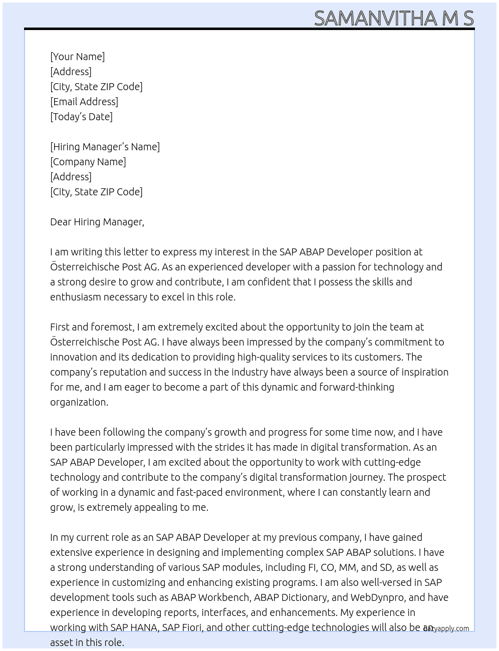 SAP ABAP Developer At Österreichische Post AG Cover Letter