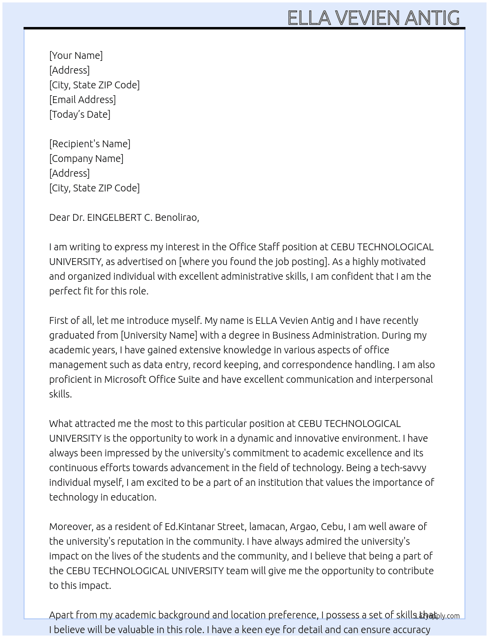 Office staff  At CEBU TECHNOLOGICAL UNIVERSITY  Cover Letter