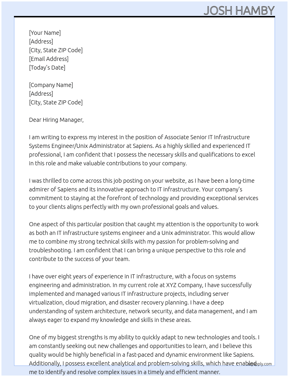 Associate LinSenior IT Infrastructure Systems Engineerux Administrator At Sapiens Cover Letter