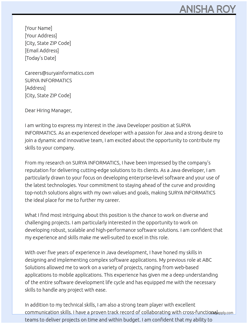Java developer At SURYA INFORMATICS Cover Letter