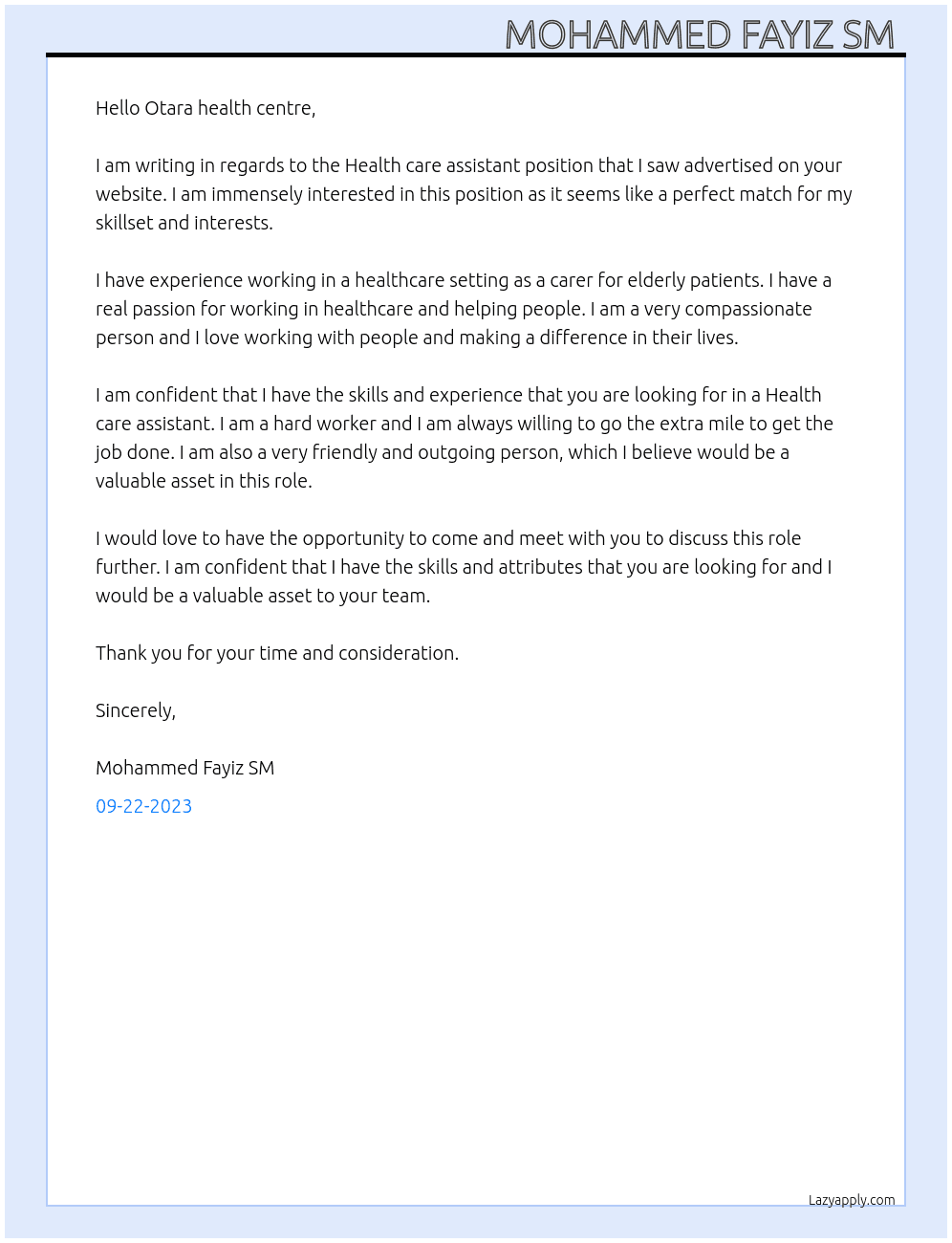 Health care assistant  At Otara health centre  Cover Letter