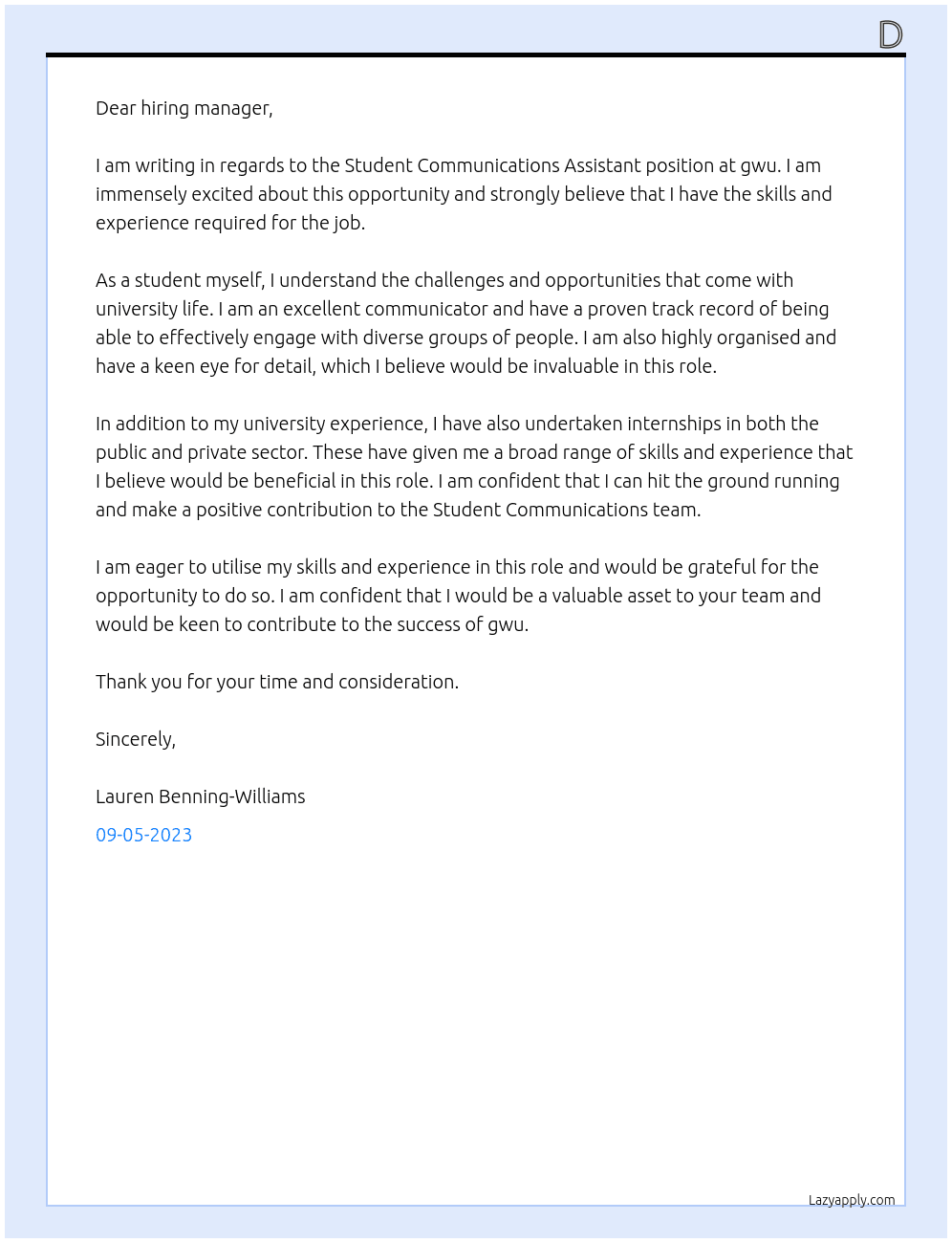 Student Communications Assistant At gwu Cover Letter