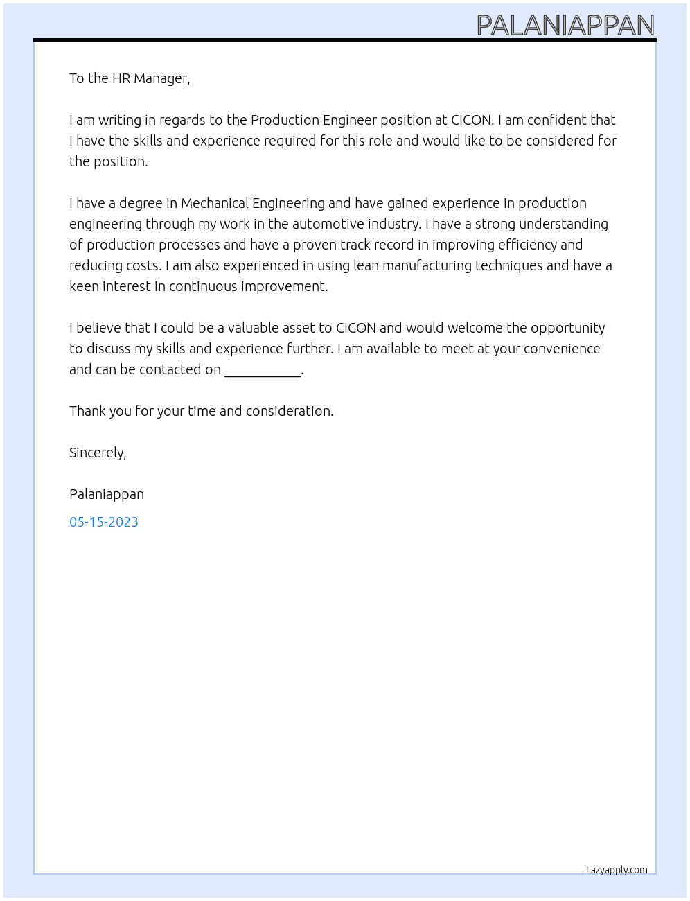 PRODUCTION ENGINEER At CICON Cover Letter