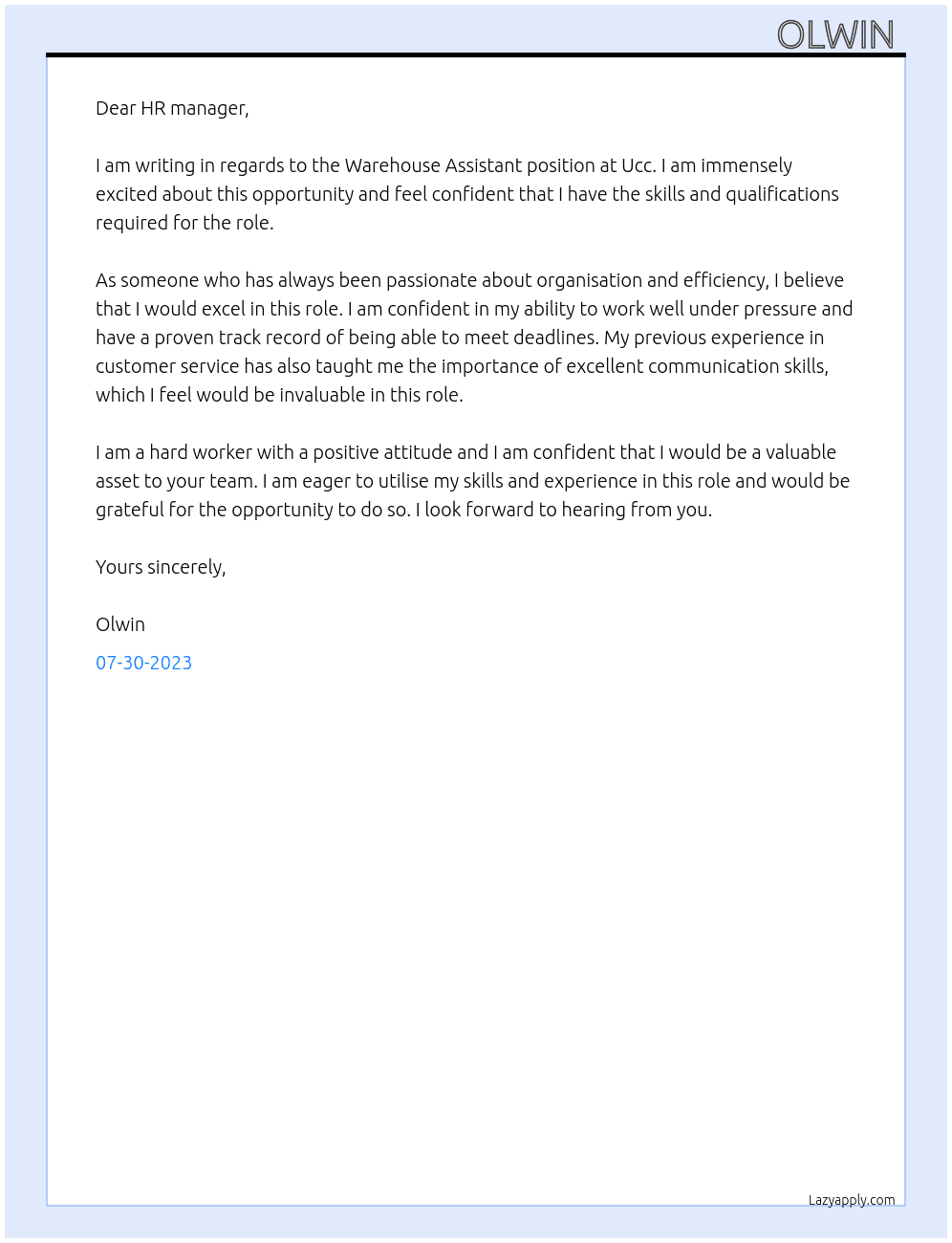 Warehouse Assistant  At Ucc Cover Letter