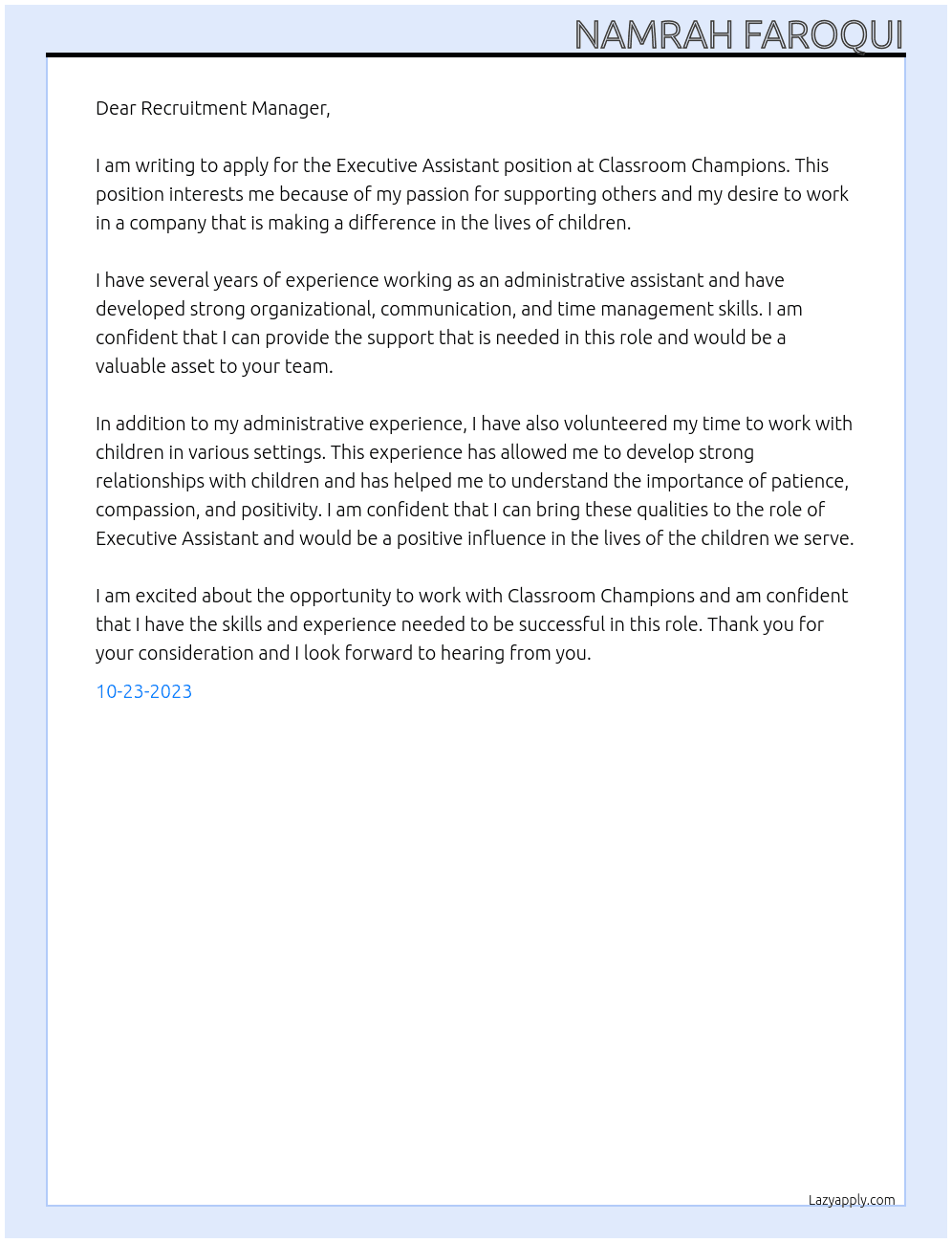 Executive Assistant At Classroom Champions Cover Letter