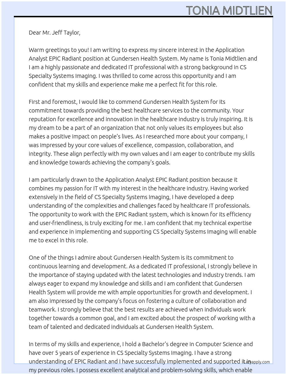 Application Analyst EPIC Radiant At Gundersen Health System Cover Letter