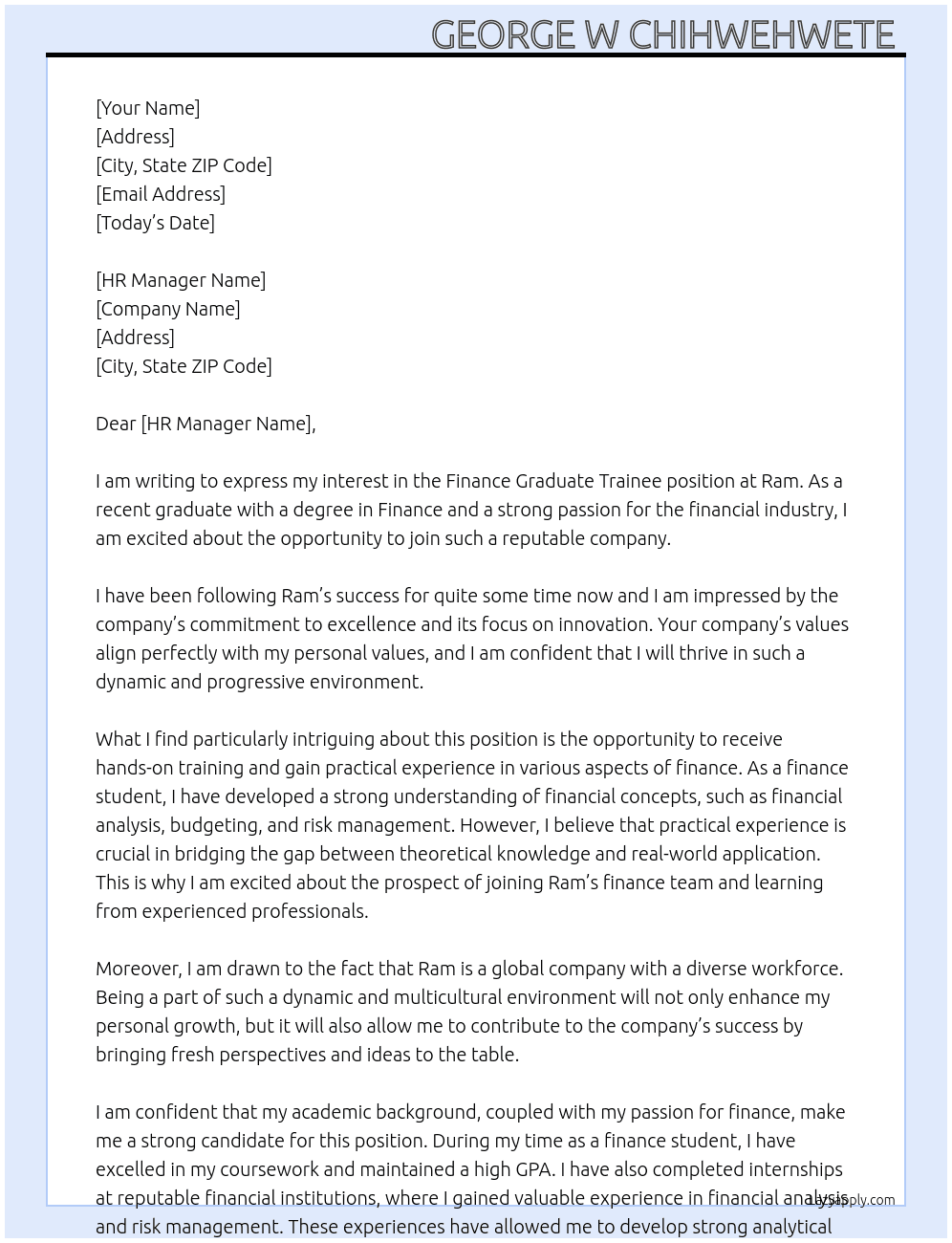Finance Graduate Trainee  At Ram  Cover Letter