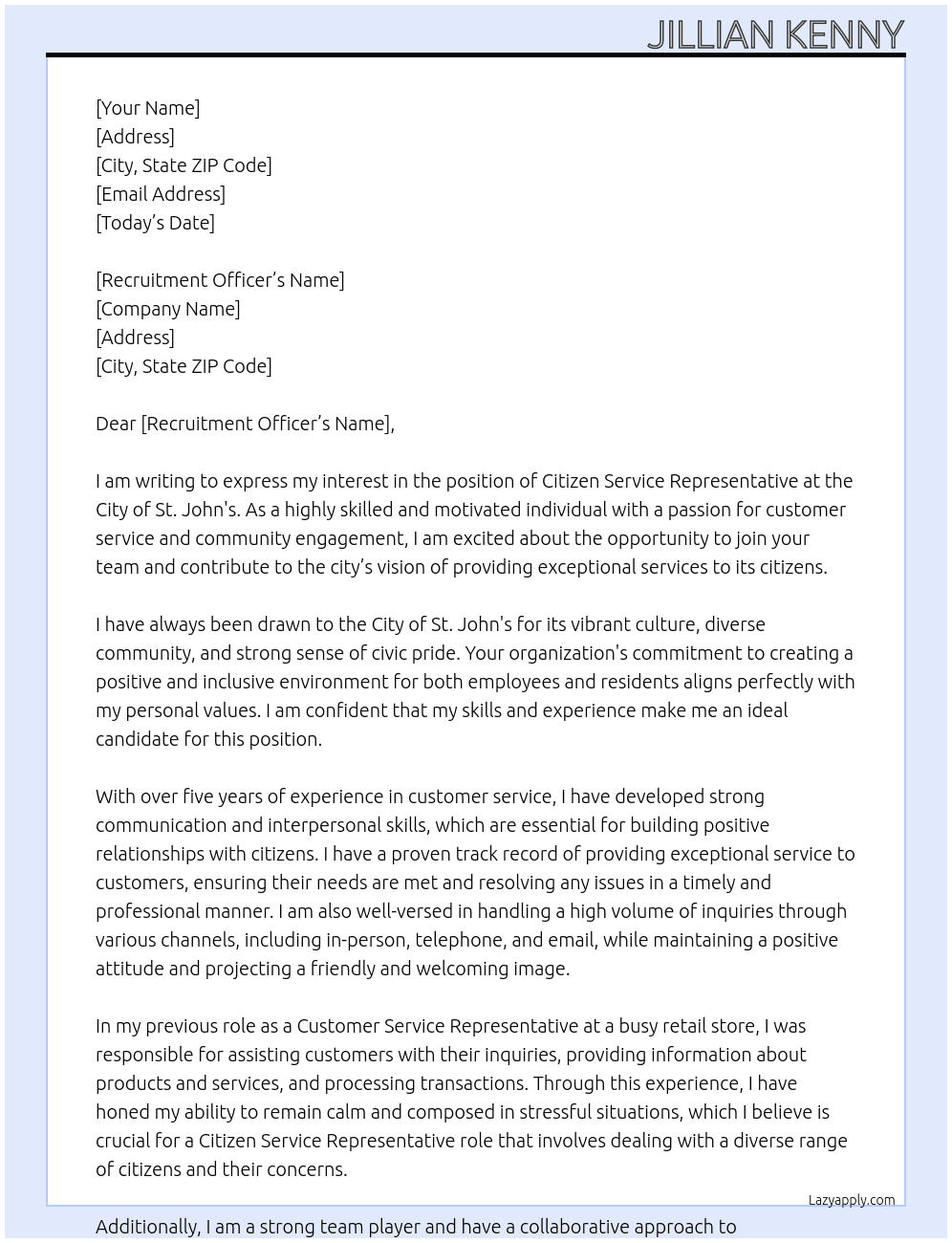 Citizen Service Representative  At City of St. John's Cover Letter