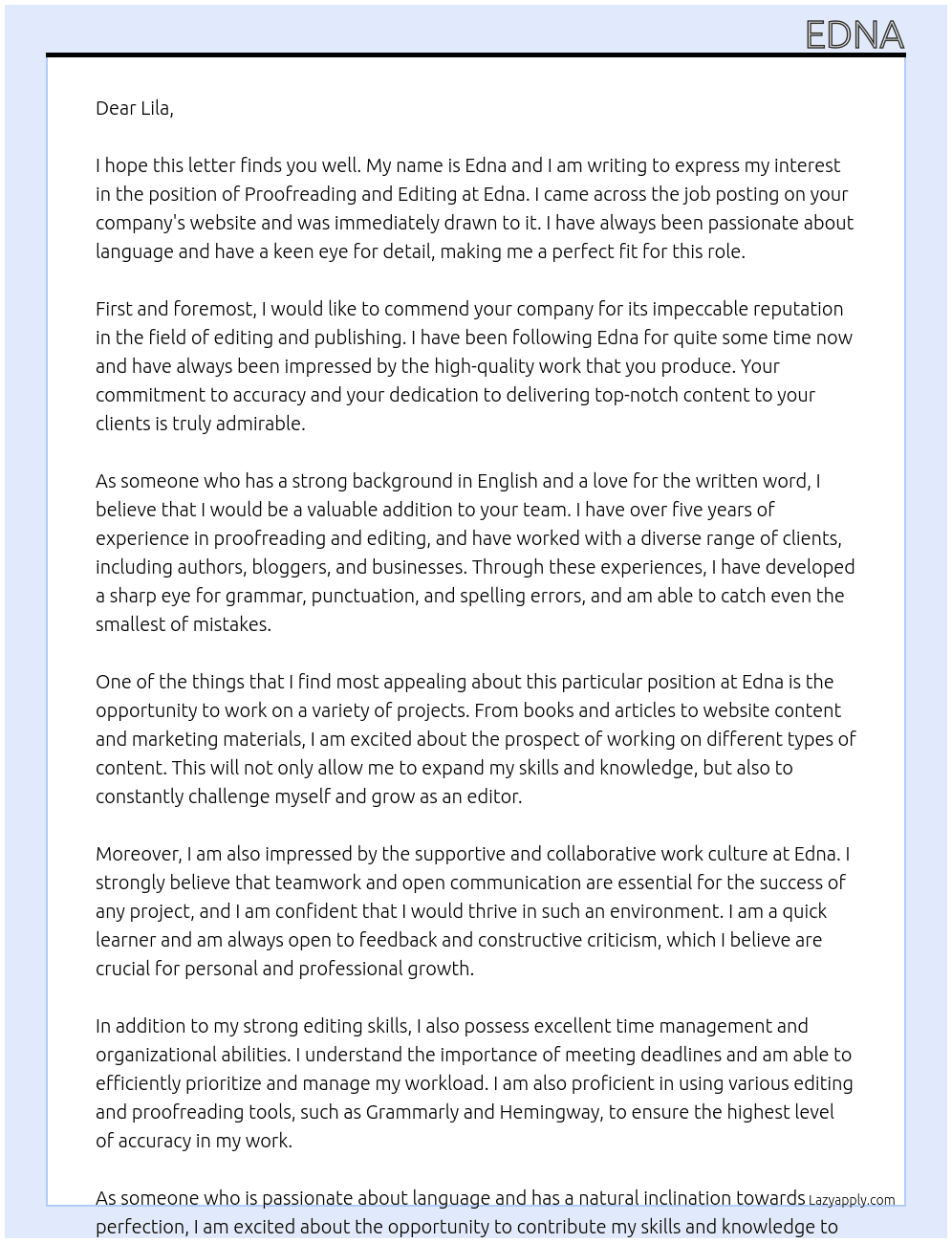 proof reading and editing At edna Cover Letter