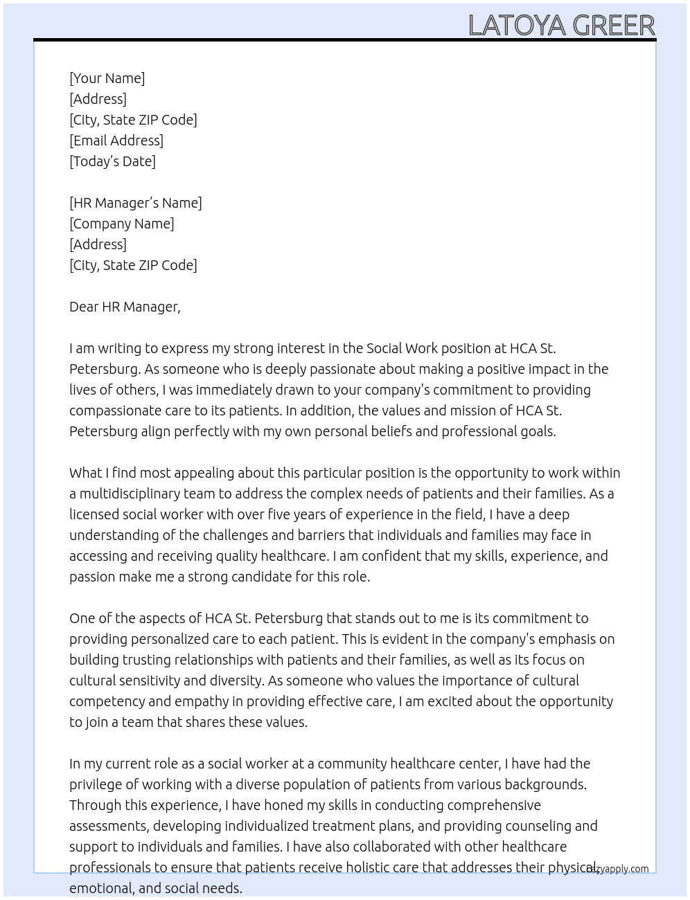 Social Work  At HCA St. Petersburg Cover Letter