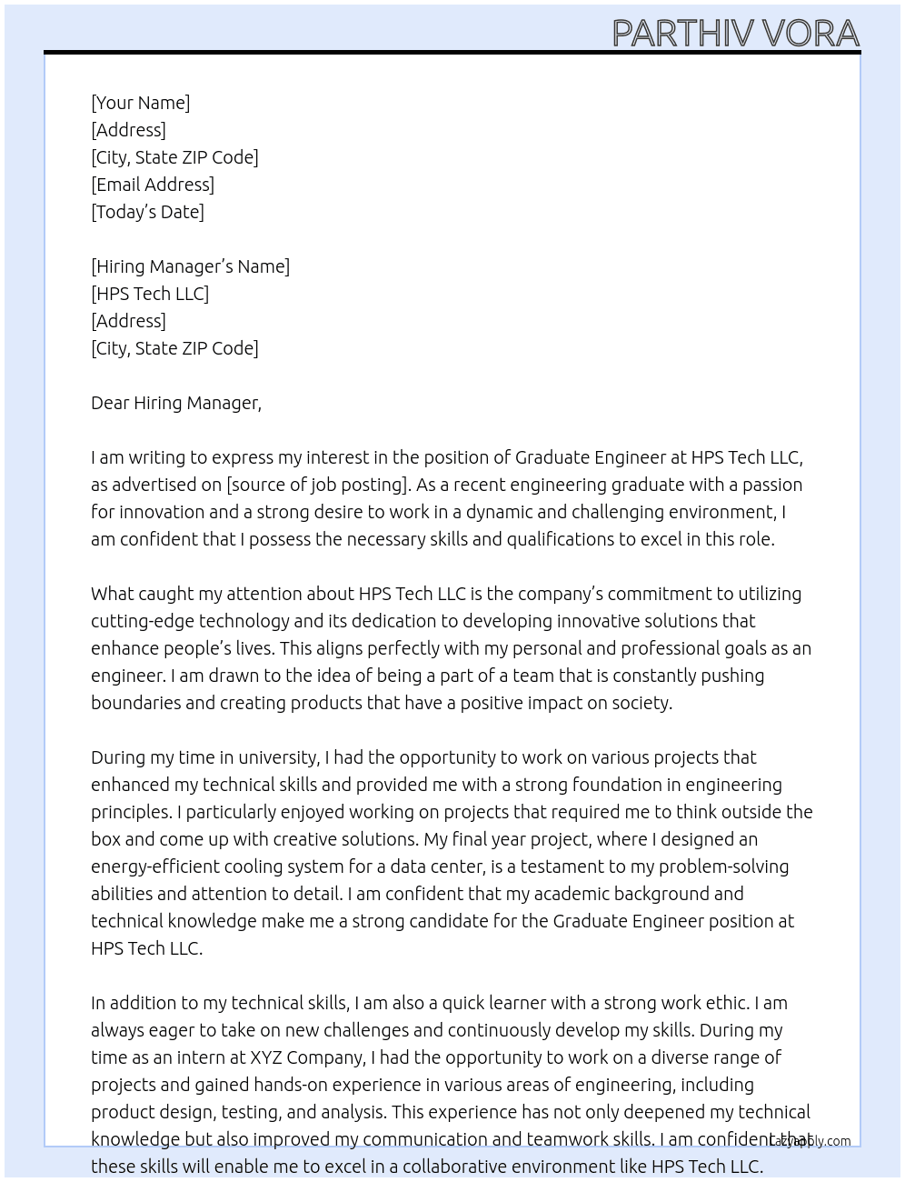 graduate engineer At HPS Tech LLC Cover Letter