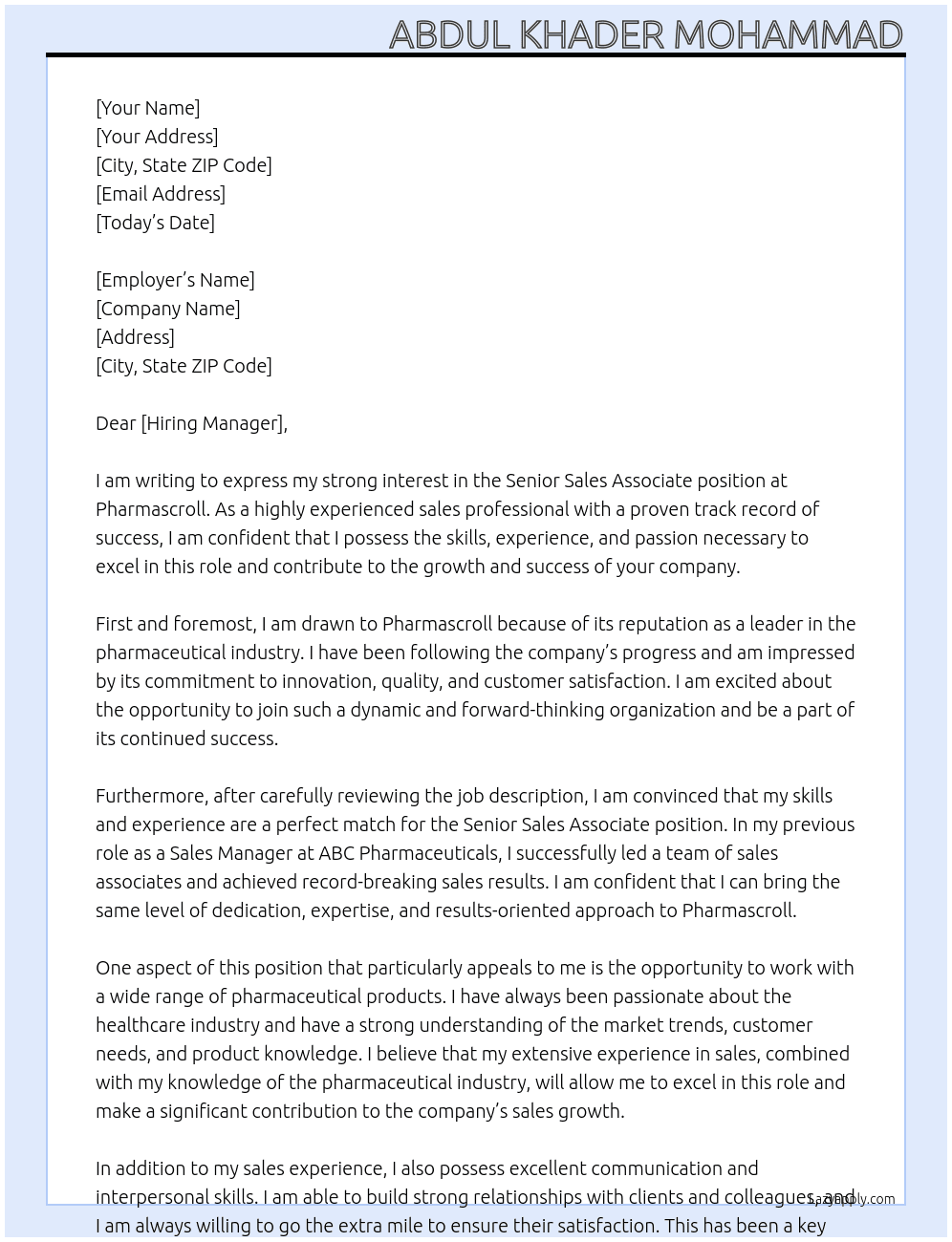 Senior sales assosiate At pharmascroll Cover Letter