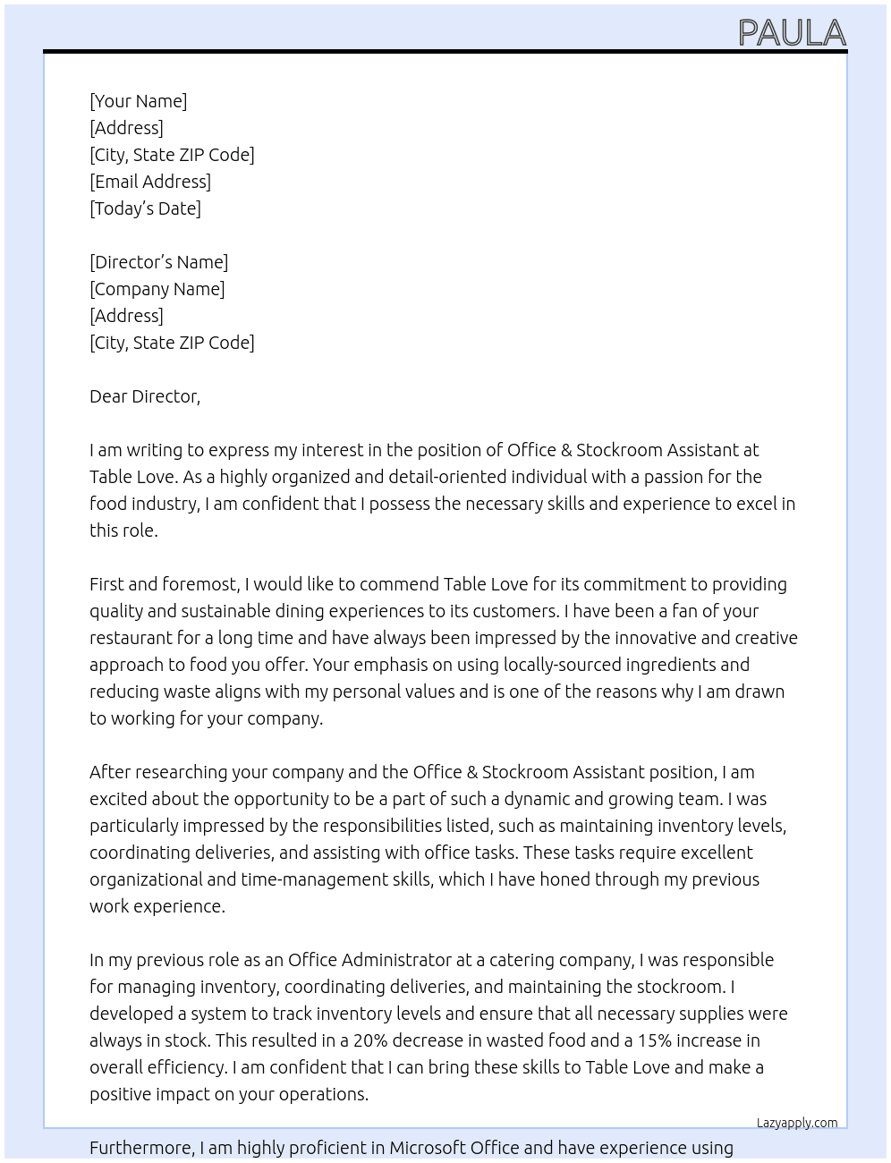 OFFICE & STOCKROOM ASSISTANT At Table Love Cover Letter